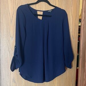 Papermoon by Stitch Fix Navy Pleated Keyhole Roll-Tab Blouse